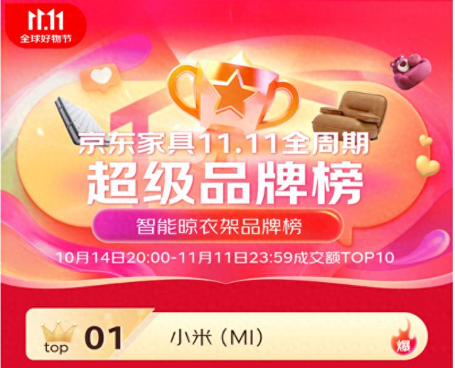 米家智能晾衣机双11京东成交额TOP1K8凯发6大单品上榜 包揽金榜前三